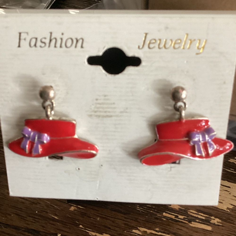 Red Hat Society Enamel Earrings with Purple Bow 1569
